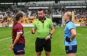 19 July 2025; Referee Séamus Mulvihill with team captains Kate Geraghty of Galway and Carla Rowe of Dublin before the TG4 All-Ireland Ladies Football Senior Championship semi-final match between Dublin and Galway at Glenisk O’Connor Park in Tullamore, Offaly. Photo by Piaras Ó Mídheach/Sportsfile