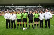 19 July 2025; Referee Séamus Mulvihill with his match officials before the TG4 All-Ireland Ladies Football Senior Championship semi-final match between Dublin and Galway at Glenisk O’Connor Park in Tullamore, Offaly. Photo by Piaras Ó Mídheach/Sportsfile