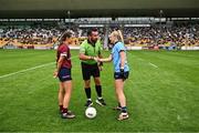 19 July 2025; Referee Séamus Mulvihill with team captains Kate Geraghty of Galway and Carla Rowe of Dublin before the TG4 All-Ireland Ladies Football Senior Championship semi-final match between Dublin and Galway at Glenisk O’Connor Park in Tullamore, Offaly. Photo by Piaras Ó Mídheach/Sportsfile