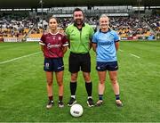 19 July 2025; Referee Séamus Mulvihill with team captains Kate Geraghty of Galway and Carla Rowe of Dublin before the TG4 All-Ireland Ladies Football Senior Championship semi-final match between Dublin and Galway at Glenisk O’Connor Park in Tullamore, Offaly. Photo by Piaras Ó Mídheach/Sportsfile