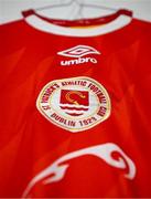 24 July 2025; A detailed view of the St Patrick's Athletic jersey before the UEFA Conference League Second Qualifying Round first leg match between St Patrick's Athletic and Nomme Kalju FC at Richmond Park in Dublin. Photo by Stephen McCarthy/Sportsfile