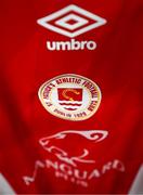 24 July 2025; A detailed view of the St Patrick's Athletic jersey before the UEFA Conference League Second Qualifying Round first leg match between St Patrick's Athletic and Nomme Kalju FC at Richmond Park in Dublin. Photo by Stephen McCarthy/Sportsfile