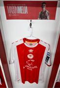 24 July 2025; The jersey of St Patrick's Athletic's Mason Melia hangs in the dressing room before the UEFA Conference League Second Qualifying Round first leg match between St Patrick's Athletic and Nomme Kalju FC at Richmond Park in Dublin. Photo by Stephen McCarthy/Sportsfile