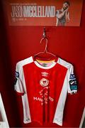 24 July 2025; The jersey of St Patrick's Athletic's Jay McClelland hangs in the dressing room before the UEFA Conference League Second Qualifying Round first leg match between St Patrick's Athletic and Nomme Kalju FC at Richmond Park in Dublin. Photo by Stephen McCarthy/Sportsfile