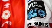 24 July 2025; A detailed view of the St Patrick's Athletic jersey before the UEFA Conference League Second Qualifying Round first leg match between St Patrick's Athletic and Nomme Kalju FC at Richmond Park in Dublin. Photo by Stephen McCarthy/Sportsfile