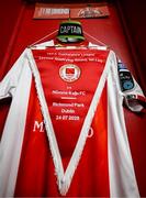 24 July 2025; The jersey of St Patrick's Athletic captain Joe Redmond and a match pennant hang in the dressing room before the UEFA Conference League Second Qualifying Round first leg match between St Patrick's Athletic and Nomme Kalju FC at Richmond Park in Dublin. Photo by Stephen McCarthy/Sportsfile