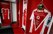 24 July 2025; The jersey of St Patrick's Athletic captain Joe Redmond and a match pennant hang in the dressing room before the UEFA Conference League Second Qualifying Round first leg match between St Patrick's Athletic and Nomme Kalju FC at Richmond Park in Dublin. Photo by Stephen McCarthy/Sportsfile