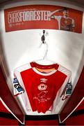 24 July 2025; The jersey of St Patrick's Athletic's Chris Forrester hangs in the dressing room before the UEFA Conference League Second Qualifying Round first leg match between St Patrick's Athletic and Nomme Kalju FC at Richmond Park in Dublin. Photo by Stephen McCarthy/Sportsfile