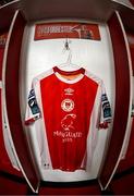 24 July 2025; The jersey of St Patrick's Athletic's Chris Forrester hangs in the dressing room before the UEFA Conference League Second Qualifying Round first leg match between St Patrick's Athletic and Nomme Kalju FC at Richmond Park in Dublin. Photo by Stephen McCarthy/Sportsfile