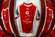 24 July 2025; St Patrick's Athletic jerseys hang in the dressing room before the UEFA Conference League Second Qualifying Round first leg match between St Patrick's Athletic and Nomme Kalju FC at Richmond Park in Dublin. Photo by Stephen McCarthy/Sportsfile
