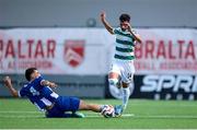 24 July 2025; Danny Mandroiu of Shamrock Rovers in action against Javi Paul of St Joseph's during the UEFA Conference League Second Qualifying Round first leg match between St Joseph's and Shamrock Rovers at Victoria Stadium in Gibraltar. Photo by Salva Castizo/Sportsfile