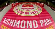 24 July 2025; A general view of St Patrick's Athletic branding before the UEFA Conference League Second Qualifying Round first leg match between St Patrick's Athletic and Nomme Kalju FC at Richmond Park in Dublin. Photo by Stephen McCarthy/Sportsfile