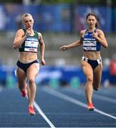 24 July 2025; Lauren Roy, from Ballymena in Antrim, representing Tarleton State University and Ireland, left, on her way to finishing fourth in the semi-final of the women's 200m during day eight of the FISU World University Games 2025 at Lohrheidestadion in Bochum, Germany. Photo by Shauna Clinton/Sportsfile