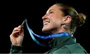 24 July 2025; Kate O'Connor, from Dundalk in Louth, representing Ulster University and Ireland, celebrates with her gold medal after finishing first in the women's heptathlon during day eight of the FISU World University Games 2025 at Lohrheidestadion in Bochum, Germany. Photo by Shauna Clinton/Sportsfile