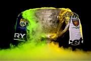 25 July 2025; The Sam Maguire Cup pictured at Croke Park in Dublin alongside the jerseys of Kerry and Donegal ahead of the GAA Football All-Ireland Senior Championship Final between Kerry and Donegal. Photo by Seb Daly/Sportsfile