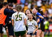 19 July 2025; Supporters run to celebrate with Orla Smith of Meath, 25, after the TG4 All-Ireland Ladies Football Senior Championship semi-final match between Meath and Kerry at Glenisk O’Connor Park in Tullamore, Offaly. Photo by Piaras Ó Mídheach/Sportsfile