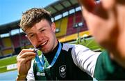 25 July 2025; Joe Burke of Team Ireland celebrates with his bronze medal after finishing third in the boys 200m final at Todor Proeski National Arena during day five of the 2025 European Youth Summer Olympic Festival in Skopje, North Macedonia. Photo by Tyler Miller/Sportsfile