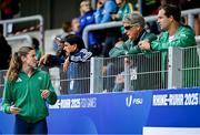 23 July 2025; Kate O'Connor, from Dundalk in Louth, representing Ulster University and Ireland, speaks to her father and coach Michael, left, and fellow coach Tom Reynolds during the women's heptathlon high jump on day seven of the FISU World University Games 2025 at Lohrheidestadion in Bochum, Germany. Photo by Shauna Clinton/Sportsfile  Photo by Shauna Clinton/Sportsfile