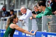 23 July 2025; Kate O'Connor, from Dundalk in Louth, representing Ulster University and Ireland, speaks to her father and coach Michael, left, and fellow coach Tom Reynolds during the women's heptathlon high jump on day seven of the FISU World University Games 2025 at Lohrheidestadion in Bochum, Germany. Photo by Shauna Clinton/Sportsfile  Photo by Shauna Clinton/Sportsfile