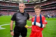 20 July 2025; Referee Liam Gordon is presented with the match ball by Ben Lynch, from Portumna, before the GAA Hurling All-Ireland Senior Championship final match between Cork and Tipperary at Croke Park in Dublin. Photo by Ray McManus/Sportsfile