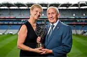 25 July 2025; Lifetime Achievement Award Recipient and former Meath footballer Sean Boylan and his wife Tina pictured his award during the GPA Legends Lunch at Croke Park in Dublin. Photo by Sam Barnes/Sportsfile