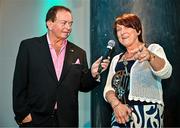 25 July 2025; Lifetime Achievement Award Recipient and former Waterford footballer Aine Wall is interviewed by MC Marty Morrissey during the GPA Legends Lunch at Croke Park in Dublin. Photo by Sam Barnes/Sportsfile