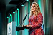 25 July 2025; GPA Player Development Manager Jennifer Rogers speaking during the GPA Legends Lunch at Croke Park in Dublin. Photo by Sam Barnes/Sportsfile