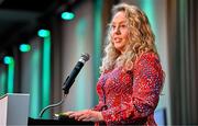 25 July 2025; GPA Player Development Manager Jennifer Rogers speaking during the GPA Legends Lunch at Croke Park in Dublin. Photo by Sam Barnes/Sportsfile