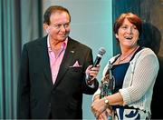 25 July 2025; Lifetime Achievement Award Recipient and former Waterford footballer Aine Wall is interviewed by MC Marty Morrissey during the GPA Legends Lunch at Croke Park in Dublin. Photo by Sam Barnes/Sportsfile