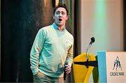 25 July 2025; Seanie Boylan, son of Lifetime Achievement Award Recipient and former Meath footballer Sean Boylan, sings during the GPA Legends Lunch at Croke Park in Dublin. Photo by Sam Barnes/Sportsfile