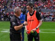 20 July 2025; Dr Colm Murphy in conversation with referee Liam Gordon before the GAA Hurling All-Ireland Senior Championship final match between Cork and Tipperary at Croke Park in Dublin. Photo by Ray McManus/Sportsfile
