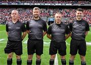 20 July 2025; Match referee Liam Gordon, second from right, with his officials Colm McDonald, left, Thomas Walsh and Seán Stack, right, before the GAA Hurling All-Ireland Senior Championship final match between Cork and Tipperary at Croke Park in Dublin. Photo by Ray McManus/Sportsfile