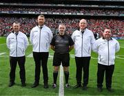 20 July 2025; Match referee referee Liam Gordon and his score umpires,Damien Gibbons, Alan McClearn, John Larkin and Ollie Reilly,  before the GAA Hurling All-Ireland Senior Championship final match between Cork and Tipperary at Croke Park in Dublin. Photo by Ray McManus/Sportsfile