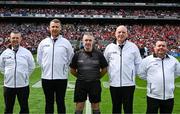 20 July 2025; Match referee referee Liam Gordon and his score umpires,Damien Gibbons, Alan McClearn, John Larkin and Ollie Reilly,  before the GAA Hurling All-Ireland Senior Championship final match between Cork and Tipperary at Croke Park in Dublin. Photo by Ray McManus/Sportsfile
