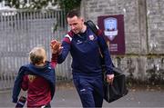 25 July 2025; Brendan Clarke of Galway United arrives for the SSE Airtricity Men's Premier Division match between Galway United and Waterford at Eamonn Deacy Park in Galway. Photo by Piaras Ó Mídheach/Sportsfile