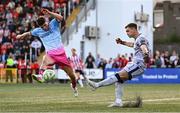 25 July 2025; Derry City goalkeeper Brian Maher and James Clarke of Bohemians during the SSE Airtricity Men's Premier Division match between Derry City and Bohemians at The Ryan McBride Brandywell Stadium in Derry. Photo by Ramsey Cardy/Sportsfile