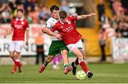 25 July 2025; Conor Reynolds of Sligo Rovers in action against Josh Fitzpatrick of Cork City during the SSE Airtricity Men's Premier Division match between Cork City and Sligo Rovers at Turner's Cross in Cork. Photo by Ben McShane/Sportsfile