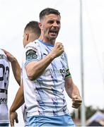 25 July 2025; Pádraig Amond of Waterford celebrates scoring his side's second goal during the SSE Airtricity Men's Premier Division match between Galway United and Waterford at Eamonn Deacy Park in Galway. Photo by Piaras Ó Mídheach/Sportsfile