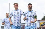 25 July 2025; Pádraig Amond of Waterford, right, celebrates with team-mate Conan Noonan after scoring their side's second goal during the SSE Airtricity Men's Premier Division match between Galway United and Waterford at Eamonn Deacy Park in Galway. Photo by Piaras Ó Mídheach/Sportsfile