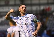 25 July 2025; Pádraig Amond of Waterford celebrates after his side's victory in the SSE Airtricity Men's Premier Division match between Galway United and Waterford at Eamonn Deacy Park in Galway. Photo by Piaras Ó Mídheach/Sportsfile