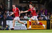 25 July 2025; Ryan O'Kane of Sligo Rovers, right, celebrates with teammate James McManus after scoring their side's third goal during the SSE Airtricity Men's Premier Division match between Cork City and Sligo Rovers at Turner's Cross in Cork. Photo by Ben McShane/Sportsfile