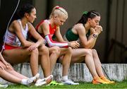 26 July 2025; Erin Friel of Team Ireland, right, before competing in the girls medley relay final at Todor Proeski National Arena during day six of the 2025 European Youth Summer Olympic Festival in Skopje, North Macedonia. Photo by Tyler Miller/Sportsfile