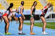 26 July 2025; Erin Friel of Team Ireland, second from right, before competing in the girls medley relay final at Todor Proeski National Arena during day six of the 2025 European Youth Summer Olympic Festival in Skopje, North Macedonia. Photo by Tyler Miller/Sportsfile