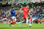 16 July 2025; Harry Wood of Shelbourne in action against Dane McCullough of Linfield during the UEFA Champions League First Qualifying Round second leg match between Linfield and Shelbourne at Clearer Twist National Football Stadium at Windsor Park in Belfast. Photo by Stephen McCarthy/Sportsfile