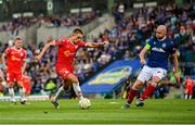 16 July 2025; Evan Caffrey of Shelbourne in action against Chris Shields of Linfield during the UEFA Champions League First Qualifying Round second leg match between Linfield and Shelbourne at Clearer Twist National Football Stadium at Windsor Park in Belfast. Photo by Stephen McCarthy/Sportsfile