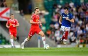 16 July 2025; Harry Wood of Shelbourne in action against Josh Archer of Linfield during the UEFA Champions League First Qualifying Round second leg match between Linfield and Shelbourne at Clearer Twist National Football Stadium at Windsor Park in Belfast. Photo by Stephen McCarthy/Sportsfile