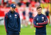 23 July 2025; Shelbourne head coach Joey O'Brien, left, and technical director Luke Byrne before the UEFA Champions League Second Qualifying Round first leg match between Shelbourne and Qarabag FK at Tolka Park in Dublin. Photo by Stephen McCarthy/Sportsfile