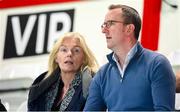 23 July 2025; FAI chief executive officer David Courell and FAI board member Caroline Rhatigan, left, before the UEFA Champions League Second Qualifying Round first leg match between Shelbourne and Qarabag FK at Tolka Park in Dublin. Photo by Stephen McCarthy/Sportsfile