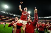 26 July 2025; Hugo Keenan of British & Irish Lions is held aloft by Mack Hansen, left, and Jamie George after the second test match between Australia and the British & Irish Lions at the Melbourne Cricket Ground in Melbourne, Australia. Photo by Brendan Moran/Sportsfile