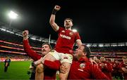 26 July 2025; Hugo Keenan of British & Irish Lions is held aloft by Mack Hansen, left, and Jamie George after the second test match between Australia and the British & Irish Lions at the Melbourne Cricket Ground in Melbourne, Australia. Photo by Brendan Moran/Sportsfile